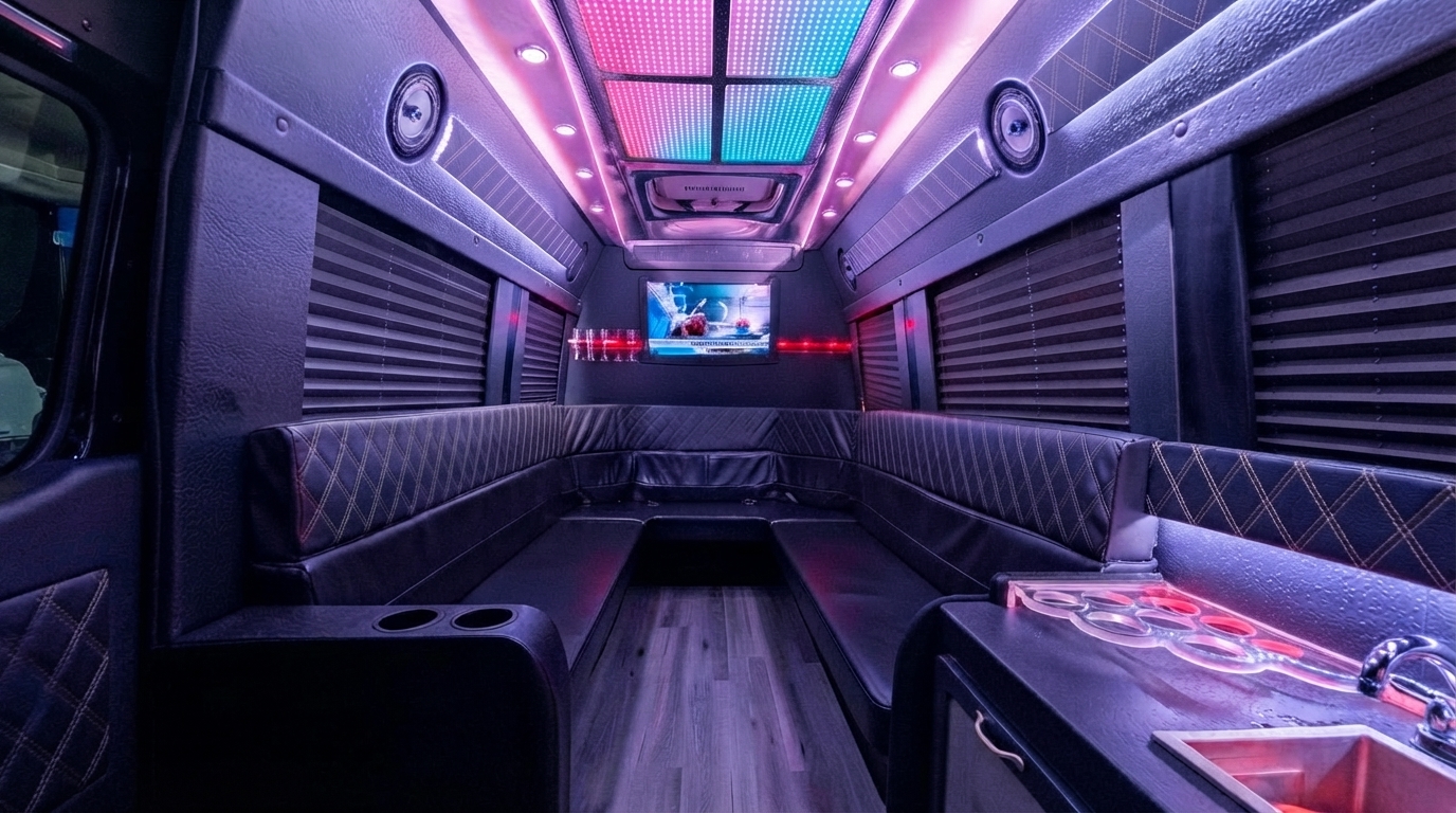 Mercedes Sprinter limo interior with wraparound leather seating and LED ceiling