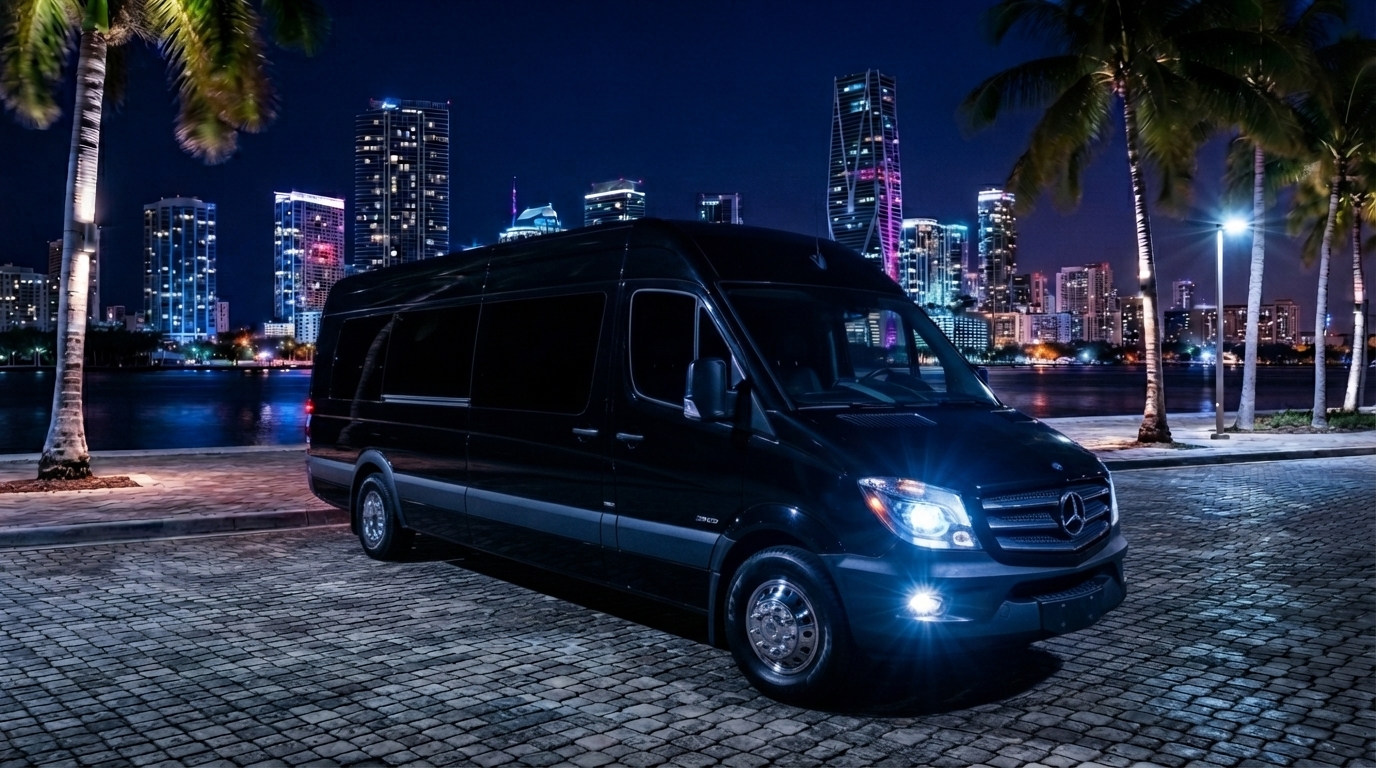 Black Mercedes Sprinter limo van parked with the Miami skyline behind it