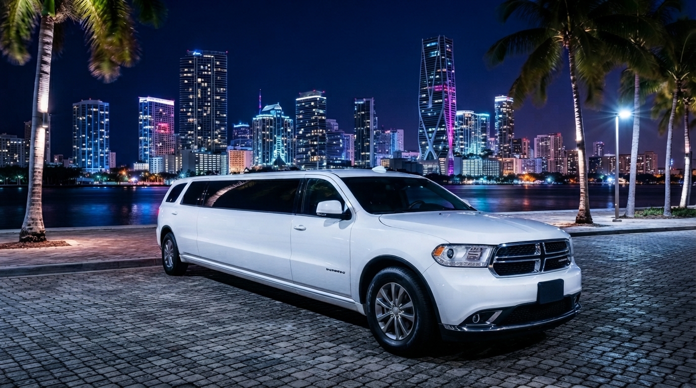White Dodge Durango stretch limousine parked on a Miami waterfront at night