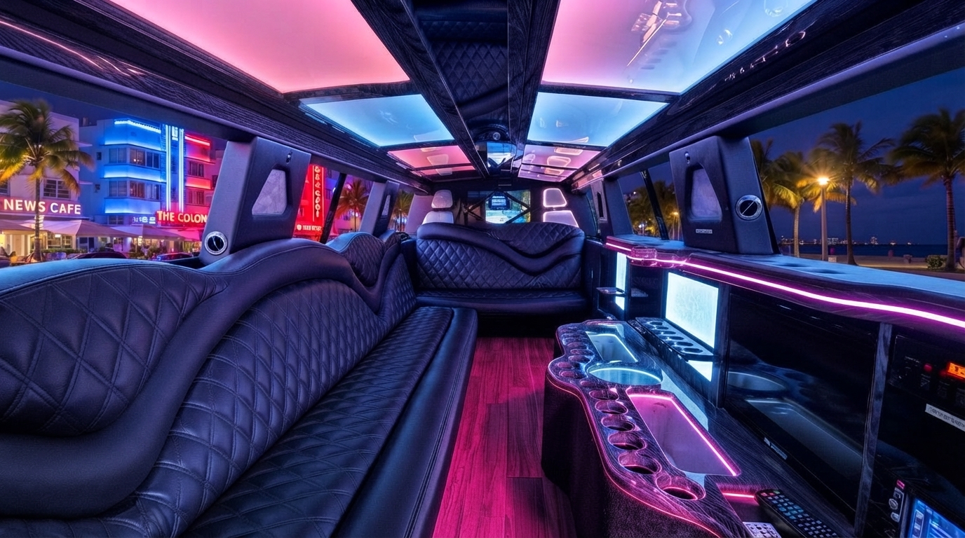 Dodge Durango limo interior with quilted leather seating and LED lighting