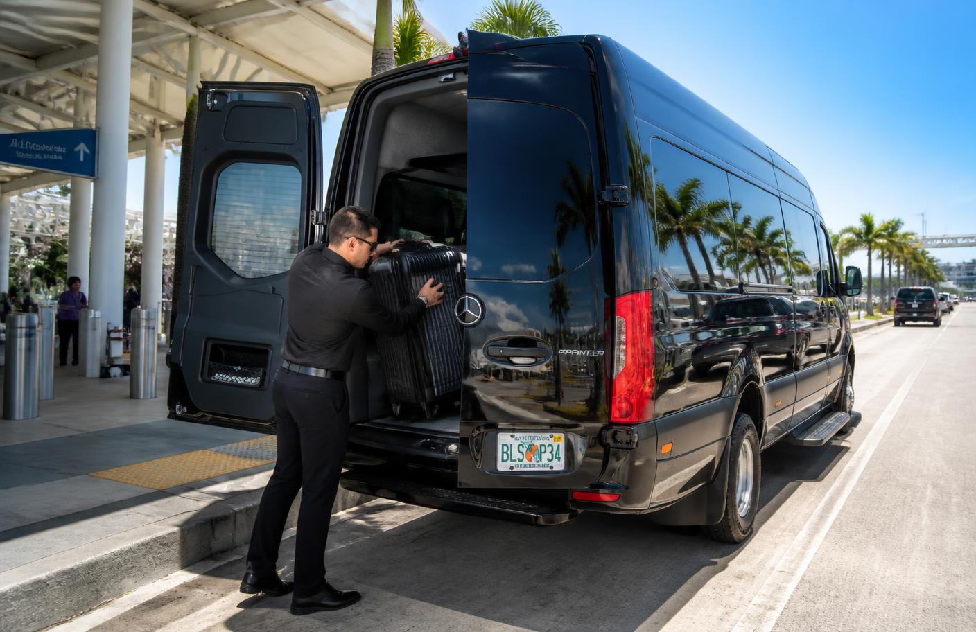 Chauffeur loading luggage into a black Sprinter van at a Florida airport curb