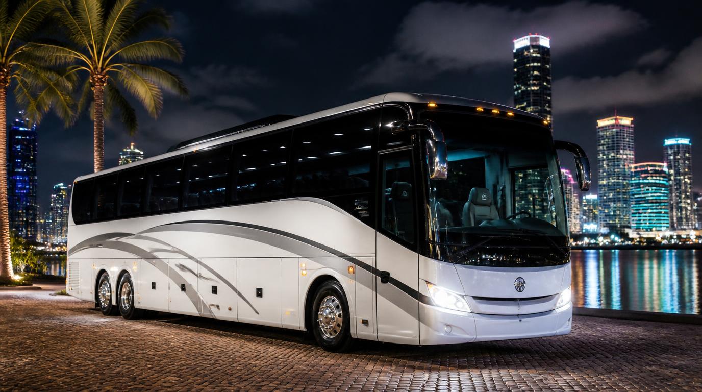 White 57-passenger luxury coach bus parked on a waterfront at night