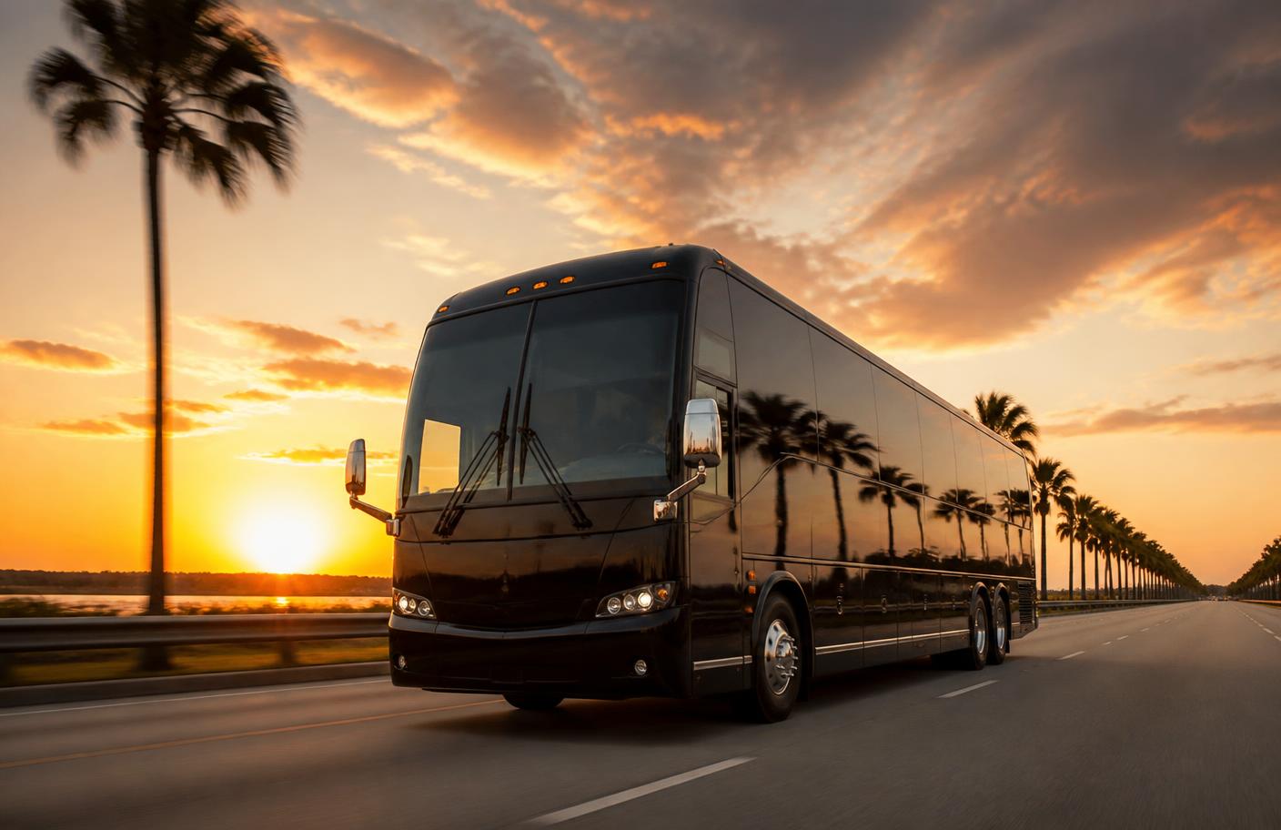 Black luxury coach bus on a palm-lined Florida highway at sunset
