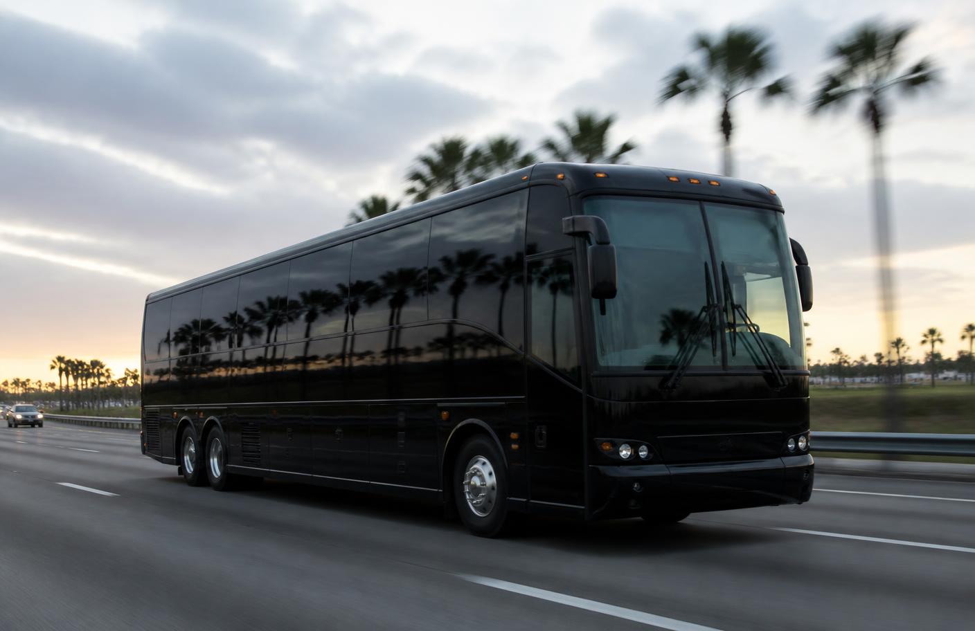 Black charter coach bus on a Florida highway at dawn