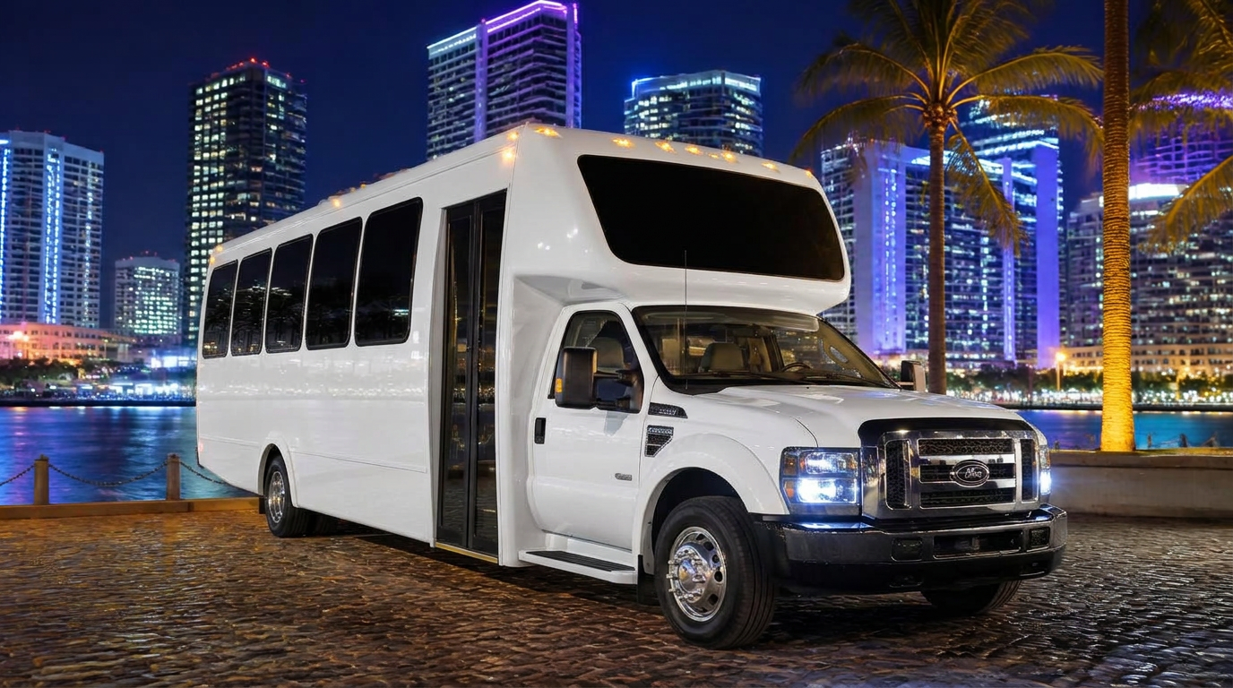Black 23-passenger party bus parked on a waterfront at night