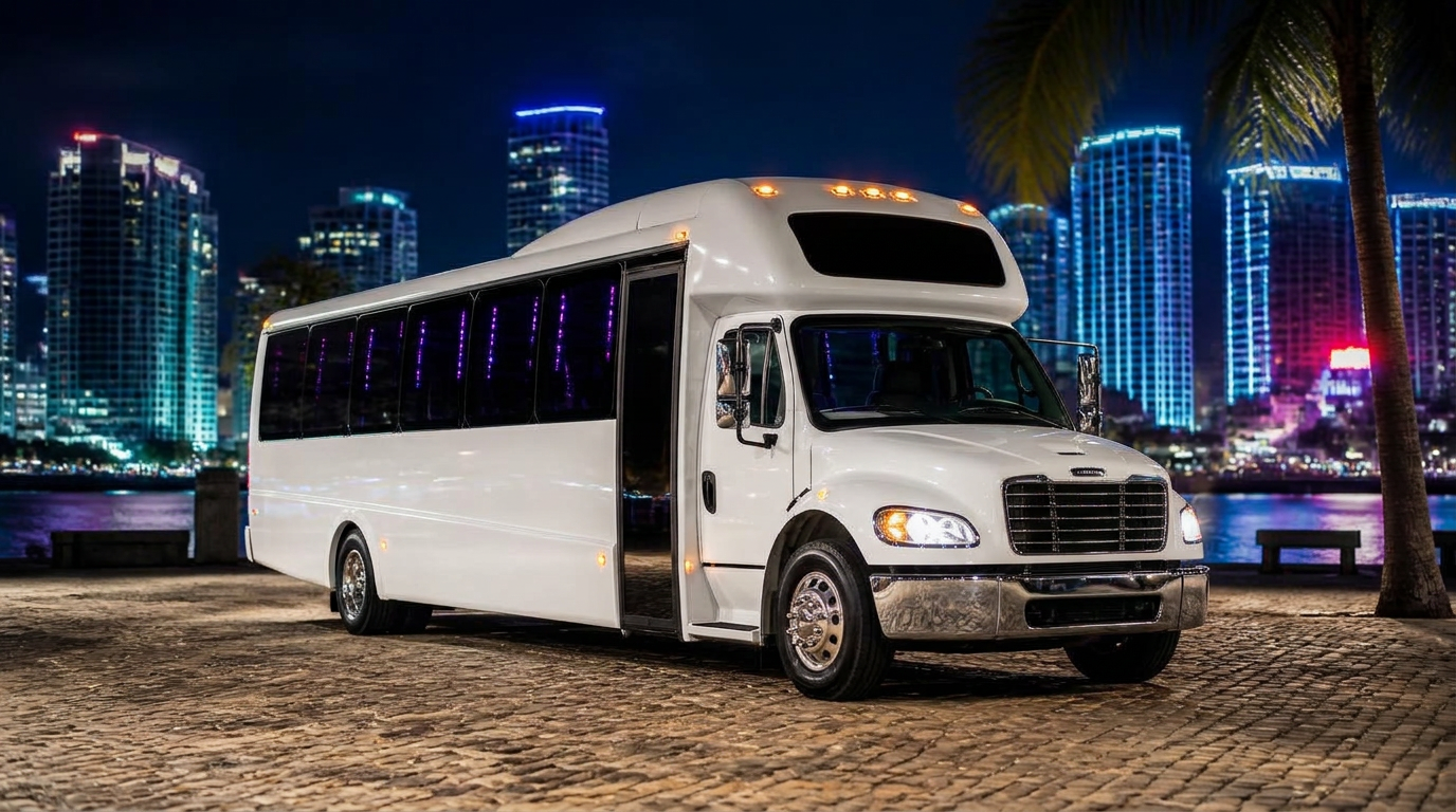 Black 40-passenger party bus parked on a waterfront at night