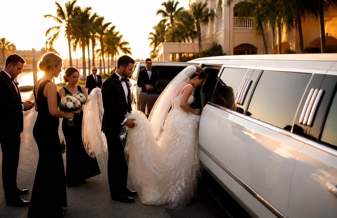 Wedding party boarding a white stretch limousine at a South Florida waterfront venue