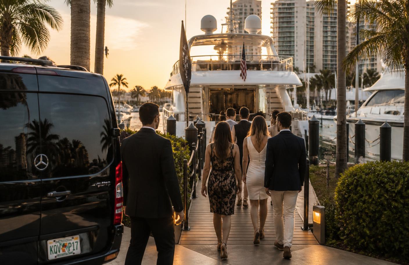 Guests walking a marina dock toward a yacht at sunset beside a black limo van