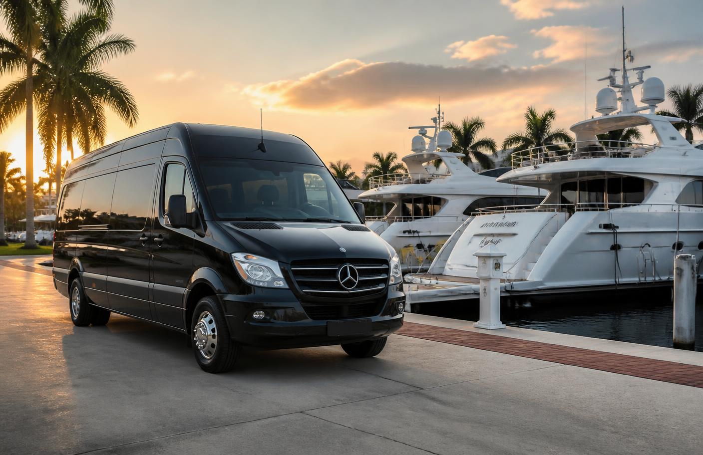 Luxury van parked on a marina dock beside yachts at sunset